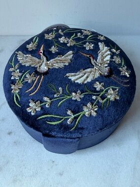 Embroidered Navy Velvet Decorative velvet Jewelry Box with Crane Motif travel